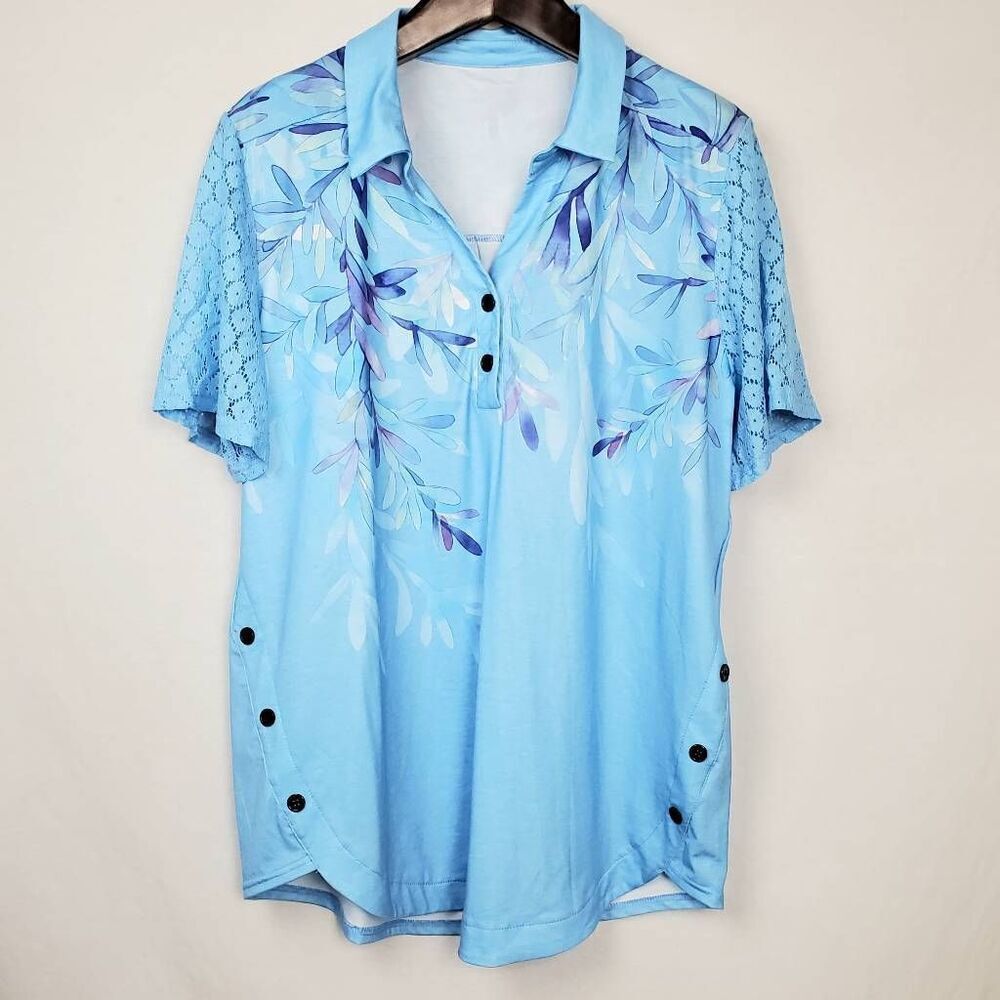 Womans XL Blue Floral Top Button Front Blouse